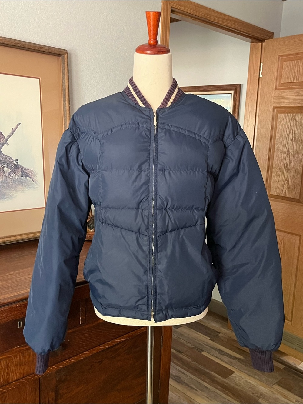 Vtg Comfy USA Western Blue Down Puffer Bomber coat jacket